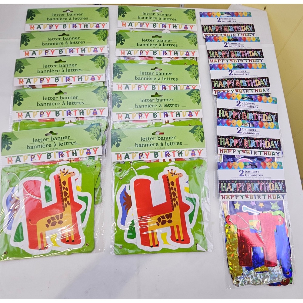 16pc Happy Birthday Banner Set 10 Jungle 7ft & 6 Holographic 2ft Party Decor Lot